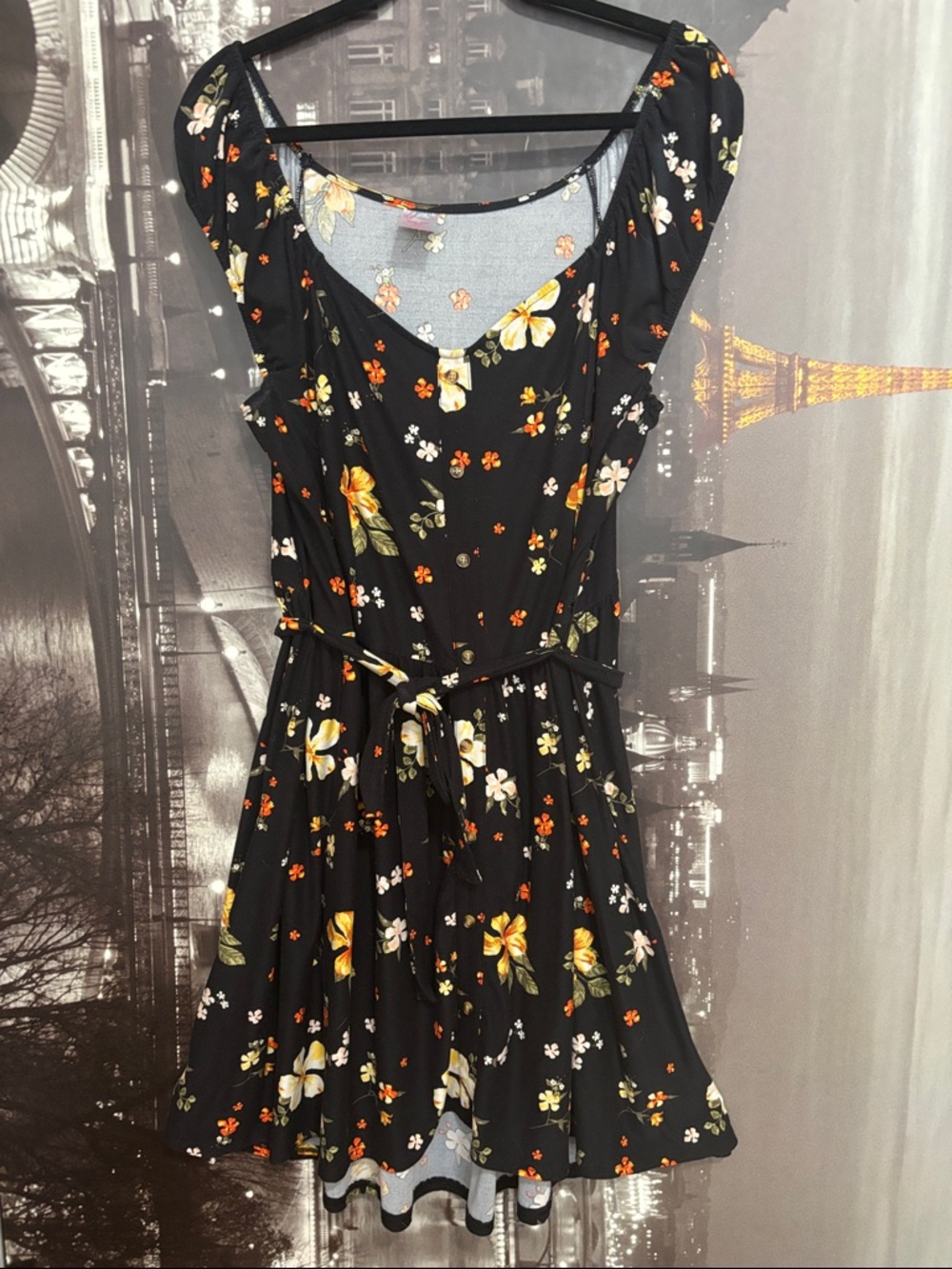 Floral Belted Black Women’s Dress